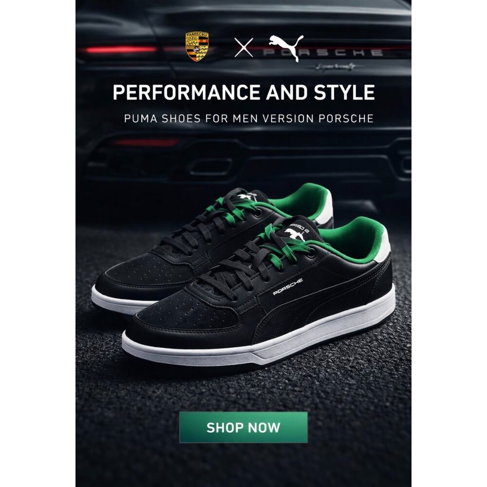 Puma Porsche Legacy Caven 2.0 Black Green Sneakers Size 8.5 Men's